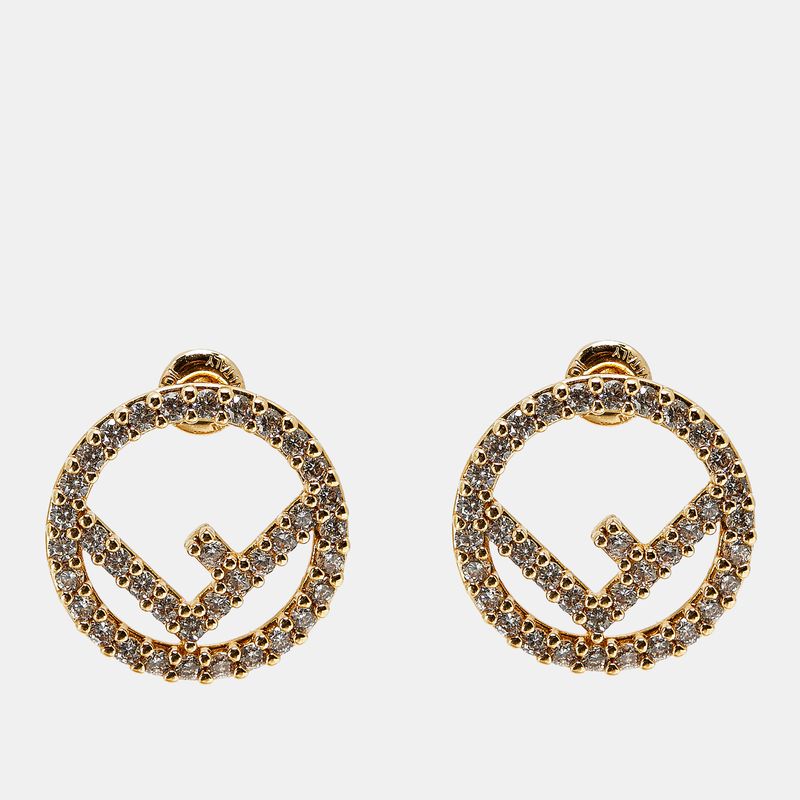 Fendi F Is Fendi Crystal Gold Tone Stud Earrings